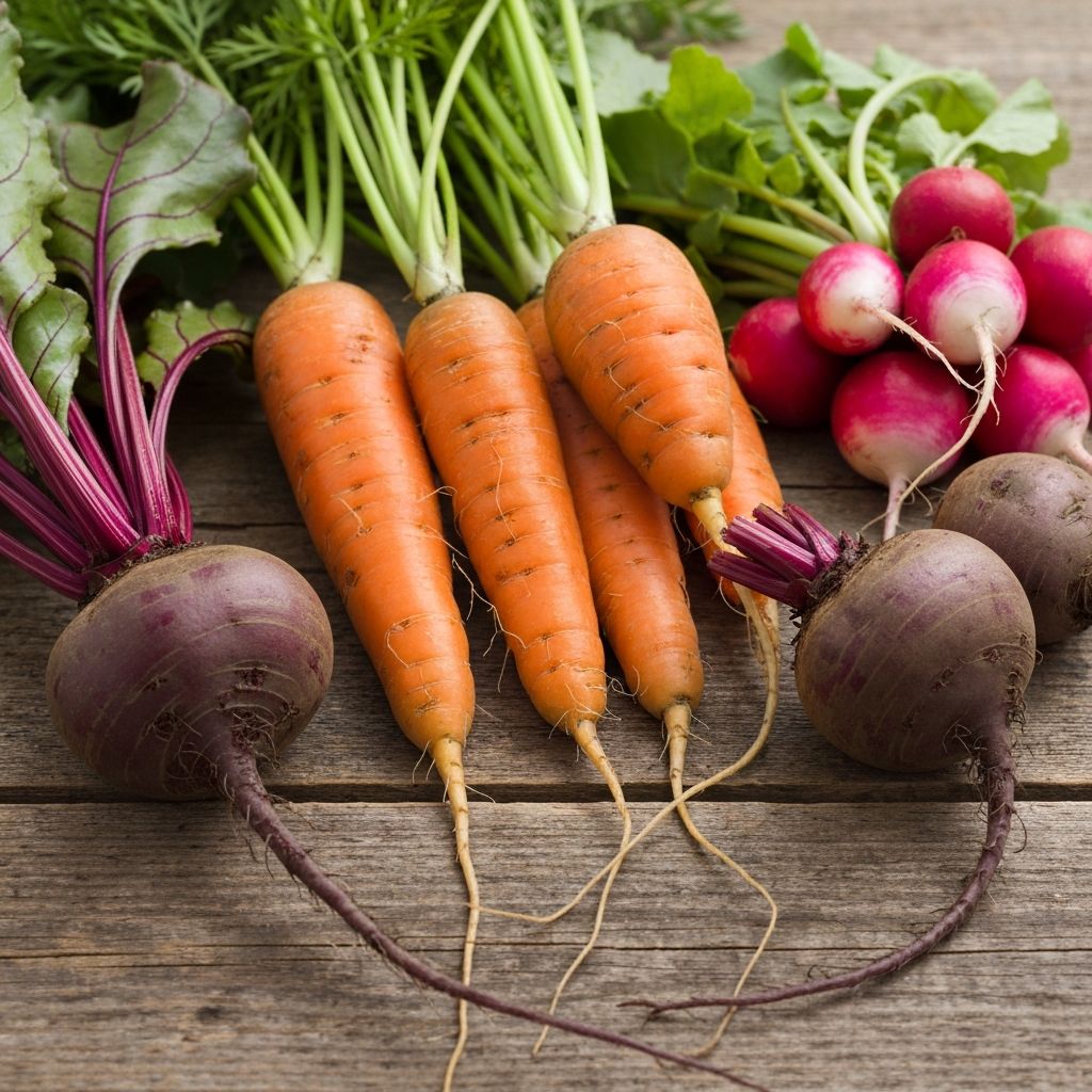 Root vegetables on wooden surface